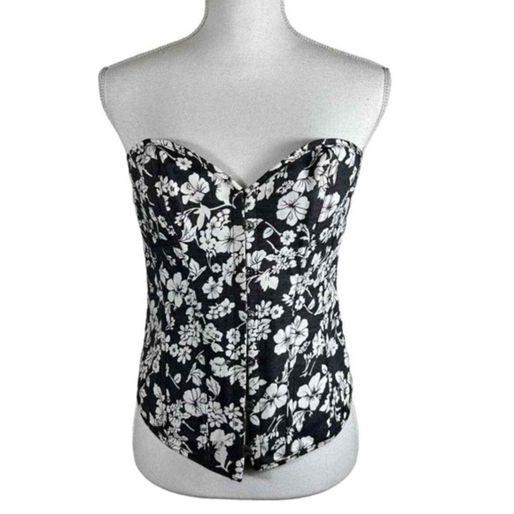 Adore Me Black and White Floral Hibiscus Lace Up Back Corset Top XL - Picture 1 of 10